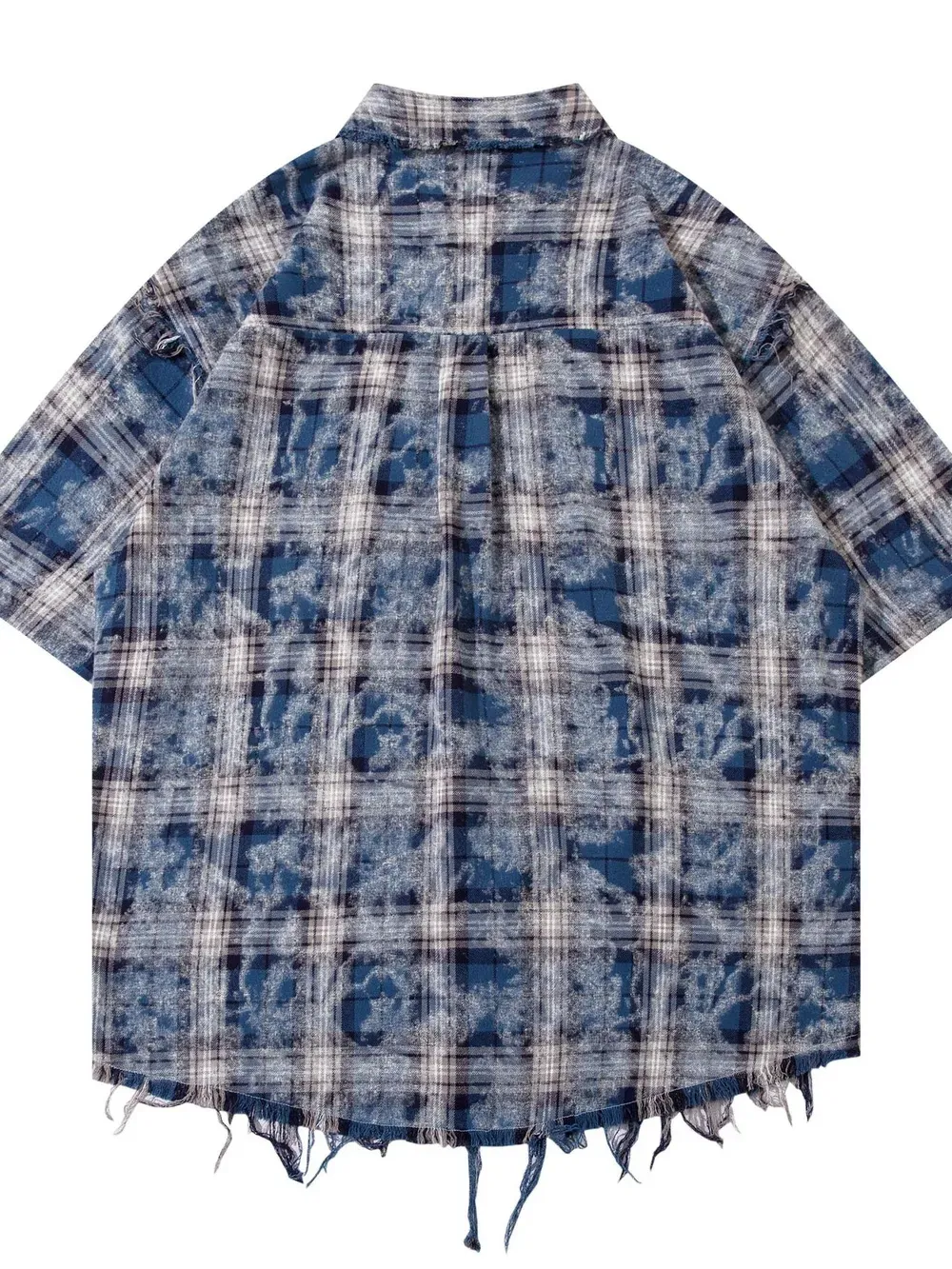 Blue Raw Hem Plaid Button-Up Short Sleeve Shirt