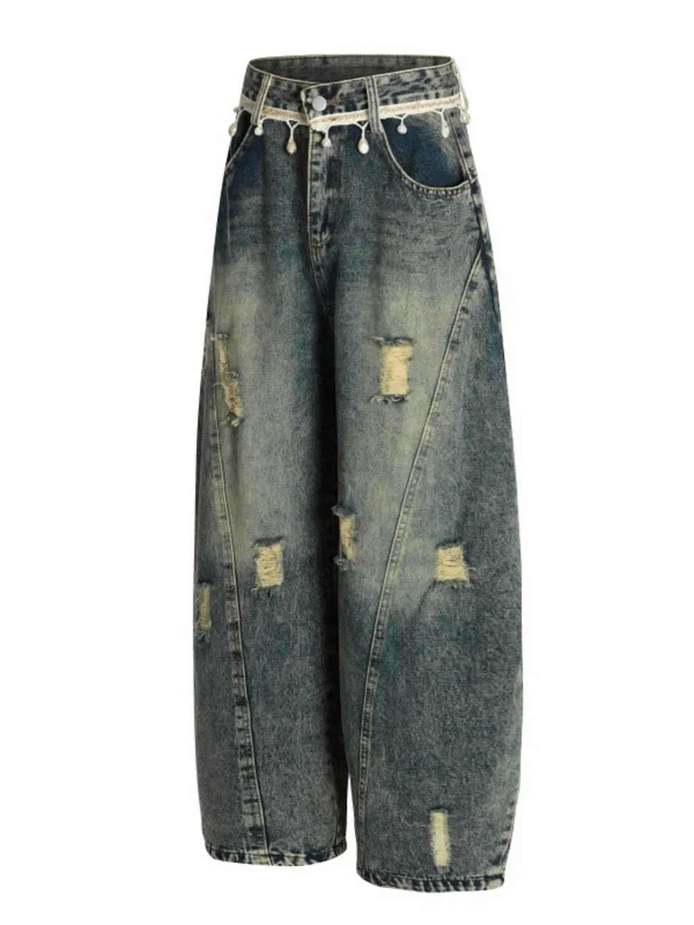 Light Blue Washed Wide Leg Distressed Jeans