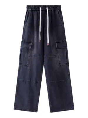 Men's Black Adjustable Drawstring Wide Leg Cargo Denim Pants
