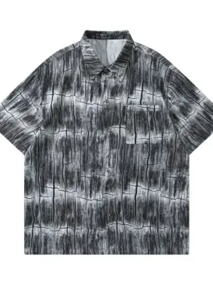 Men's Black Oversized Printed Short Sleeve Button-Up Shirt