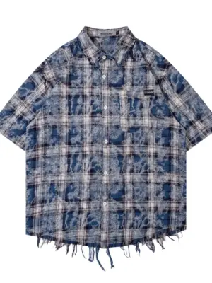 Men's Blue Raw Hem Plaid Button-Up Short Sleeve Shirt