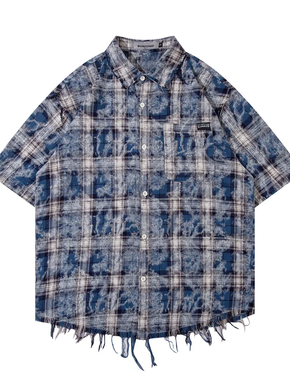 Men Blue Raw Hem Plaid Button-Up Short Sleeve Shirt