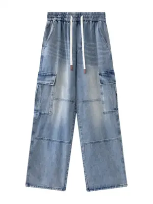 Men's Blue Utility Drawstring Wide Leg Denim Cargo Pants