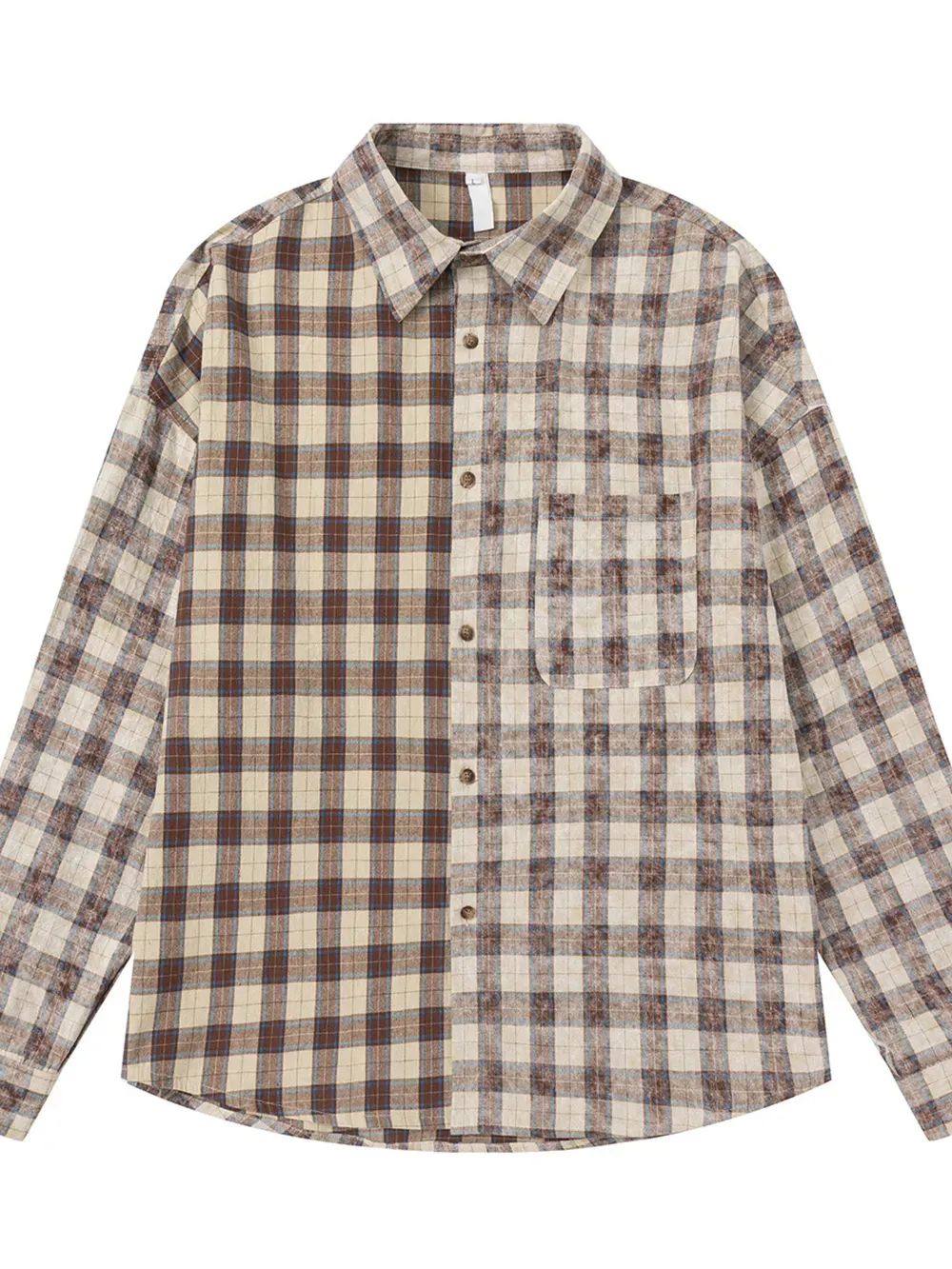 Men Coffee Oversized Distressed Plaid Long Sleeve Shirt