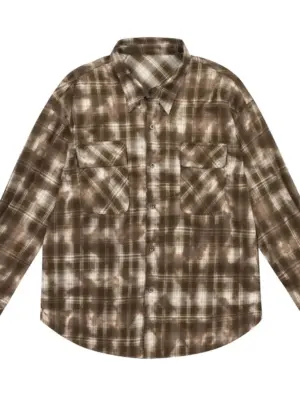 Men's Coffee Plaid Long Sleeve Pocket Button-Up Shirt