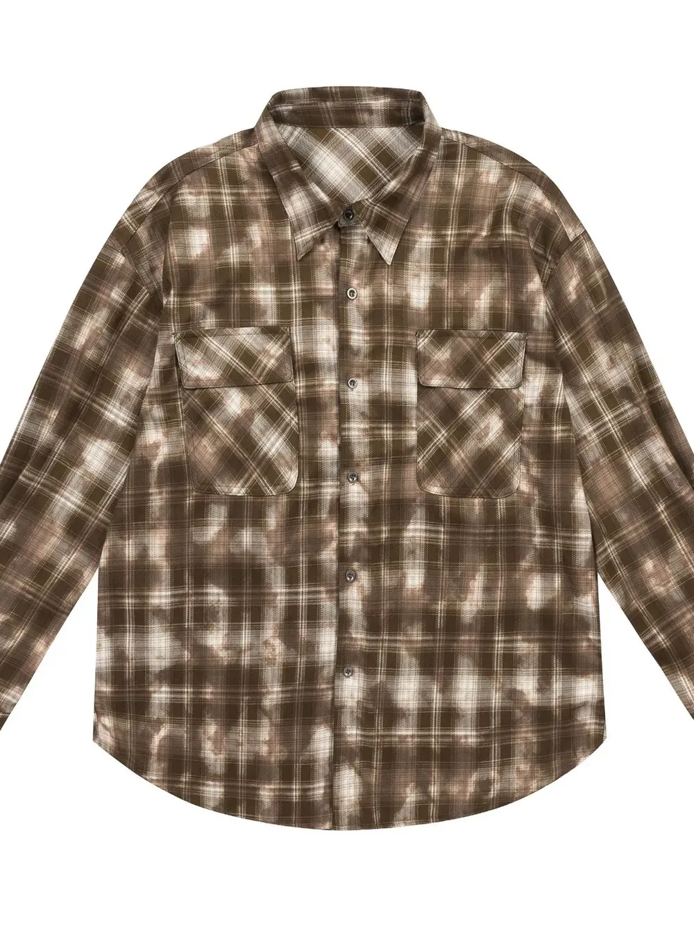 Men Coffee Plaid Long Sleeve Pocket Button-Up Shirt