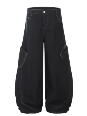 Men's Dark Blue Oversized Utility Wide Leg Cargo Jeans