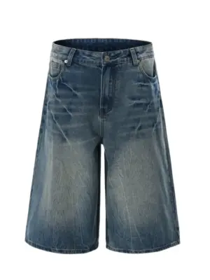 Men's Dark Blue Whisker Wash Relaxed Denim Shorts