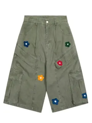 Men's Floral Embroidered Oversized Denim Cargo Shorts