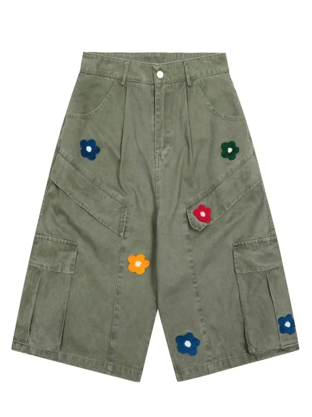 Floral Embroidered Oversized Denim Cargo Shorts