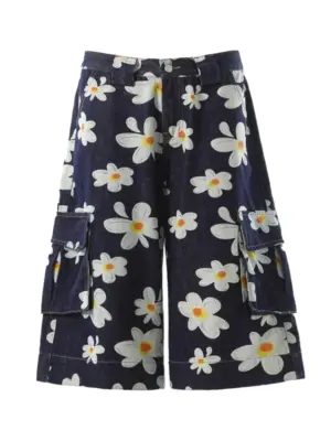 Men's Floral Pattern Relaxed Denim Cargo Shorts