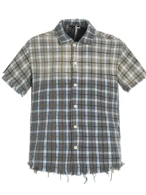 Men's Grey Plaid Raw Edge Short Sleeve Button-Up Shirt