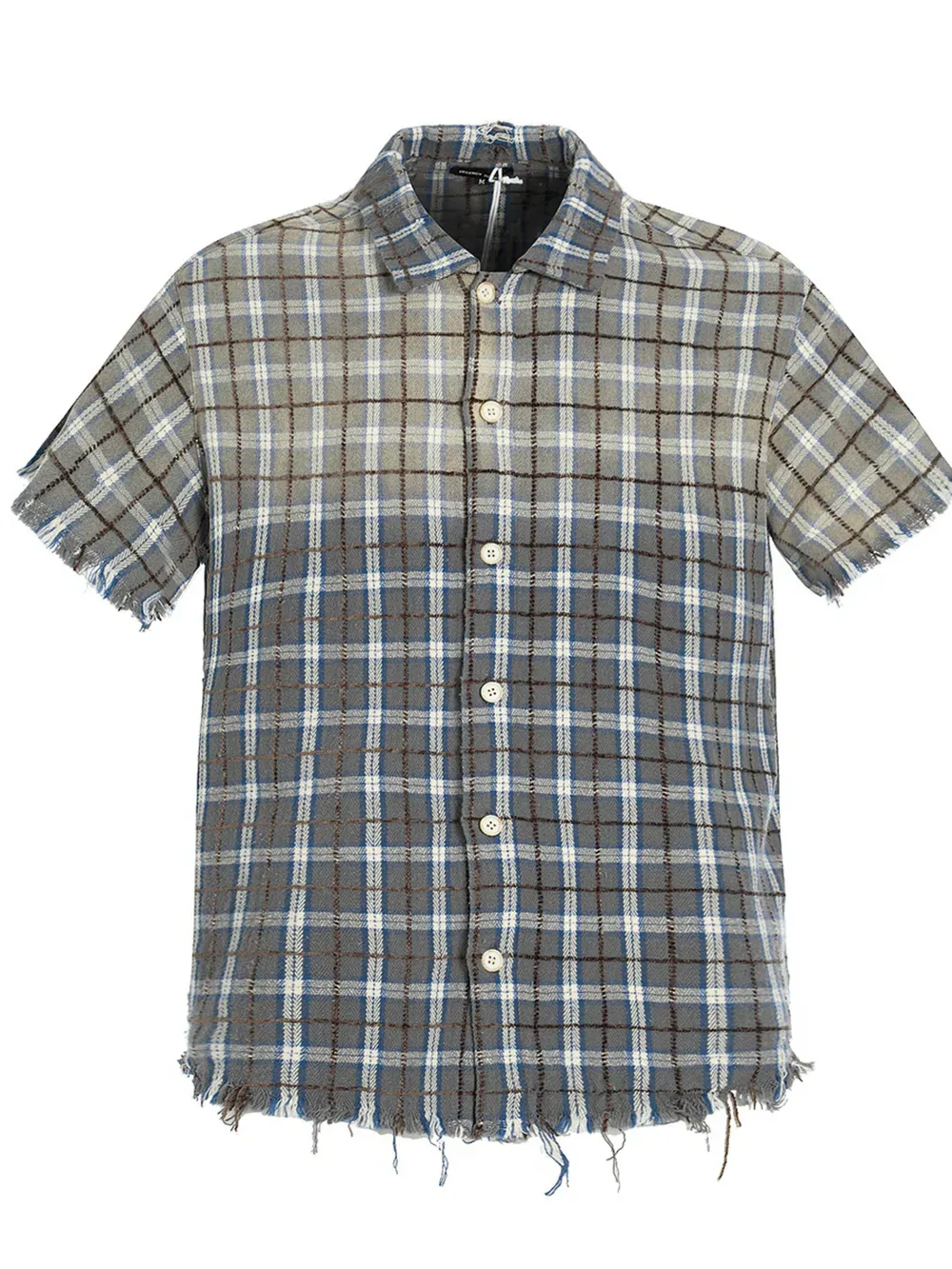 Men Grey Plaid Raw Edge Short Sleeve Button-Up Shirt