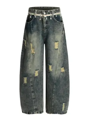 Men's Light Blue Washed Wide Leg Distressed Jeans