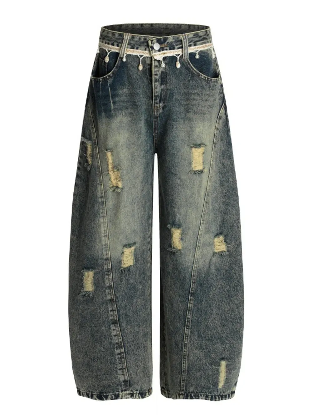 Men Light Blue Washed Wide Leg Distressed Jeans