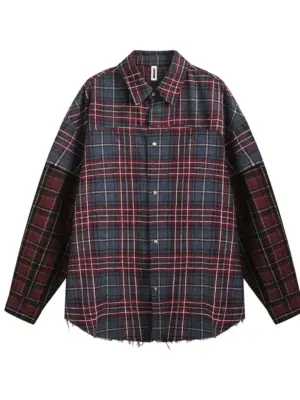 Men's Plaid Oversized Cotton Raw Edge Button-Up Shirt
