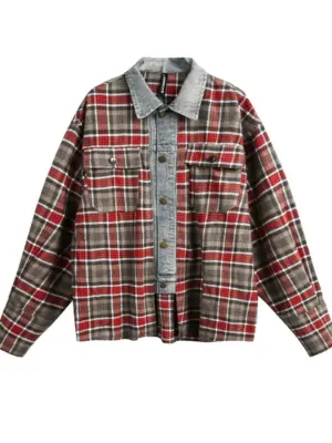Men's Red Coffee Plaid Shirt with Contrast Denim Collar