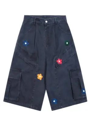 Men's Floral Embroidered Relaxed Denim Cargo Shorts