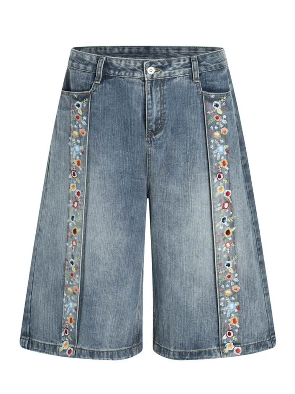 Relaxed Embroidered Wide Leg Denim Shorts